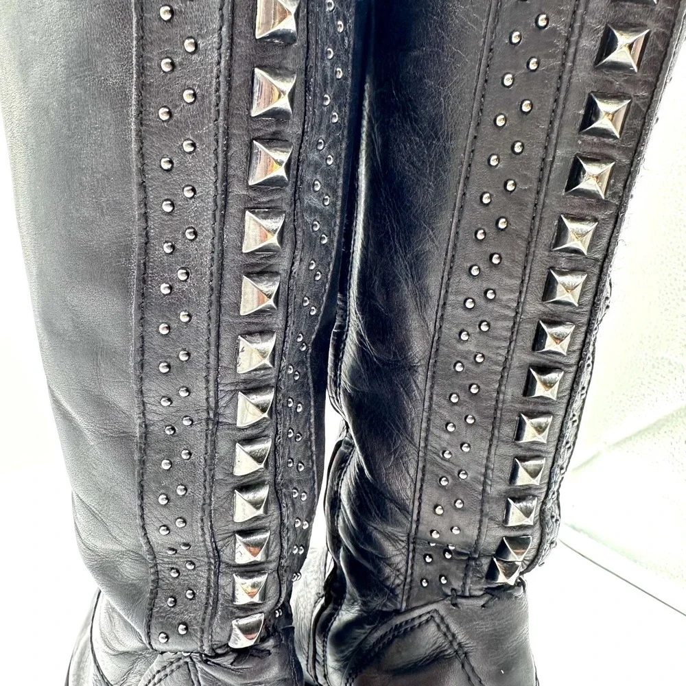 Vince Camuto Bollo Black Leather Knee High Biker Moto Goth Studded Boots 6.5 B - Picture 8 of 16
